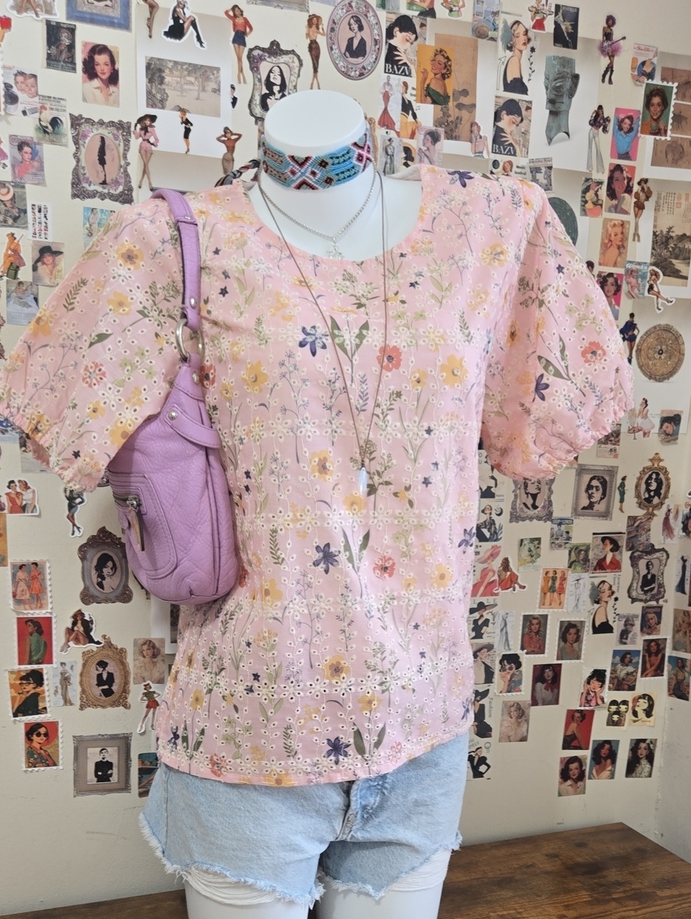 100% Cotton Eyelet Floral Puff Sleeve Blouse Pink Size M